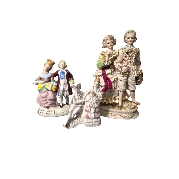 Vintage Porcelain 3 Figurine Set Featuring Couples In Victorian Attire Intricate - Picture 3 of 10
